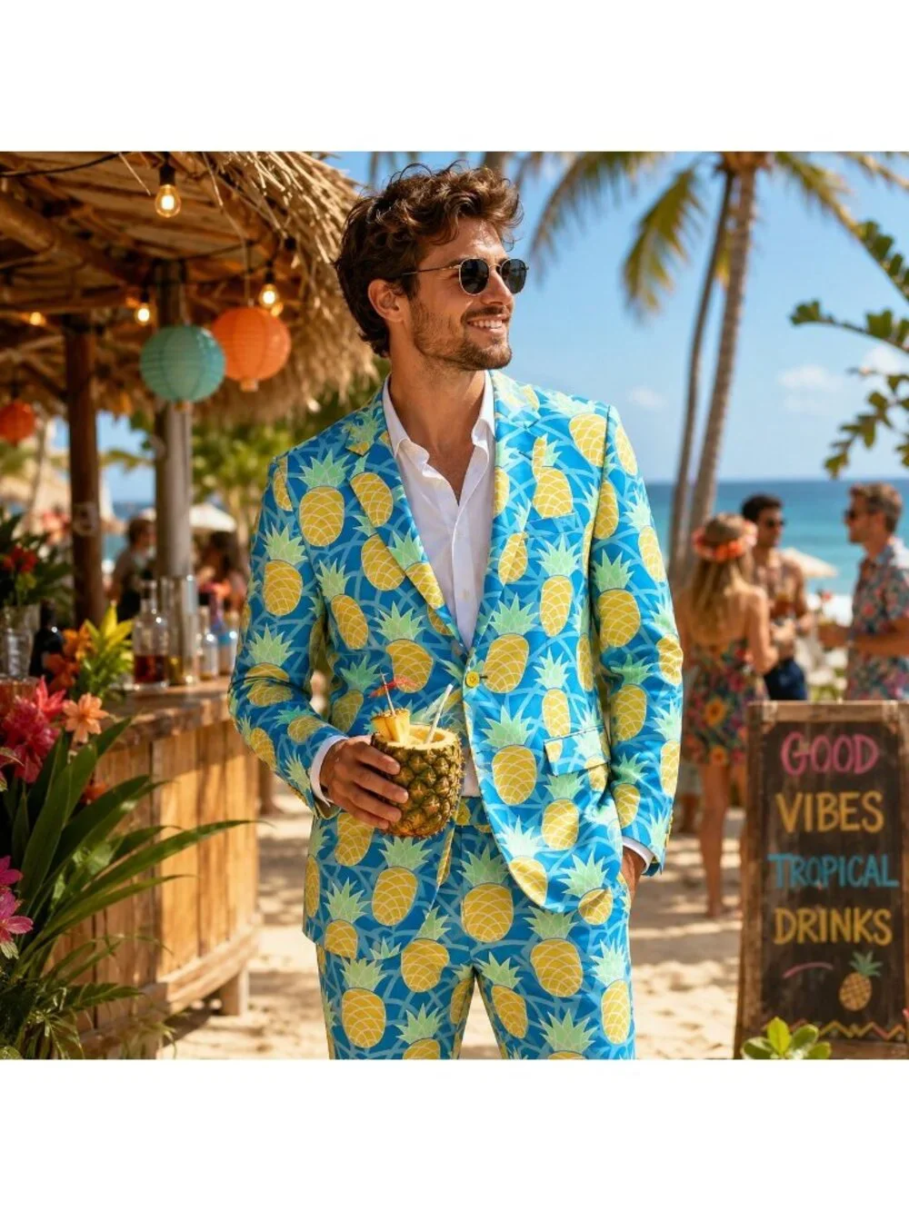 OppoSuits Mens Pineapple Print Suit Size 38 Shineapple Blue Novelty Tropical Set